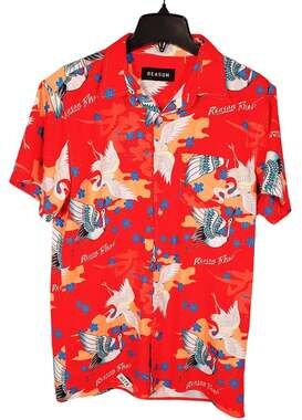 Reason Brand Men's Button-Up Short-Sleeved Shirt Asian/Crane Scene